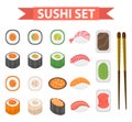 Sushi set icons, element for design, flat style. Japanese rolls, wasabi, soy sauce, ginger, chopsticks on white Royalty Free Stock Photo