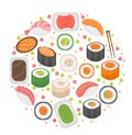 Sushi set icons, in round shape, flat style. Japanese cuisine isolated on white background. Vector illustration, clip Royalty Free Stock Photo