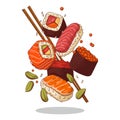 Sushi set, isolated vector. Colored illustration of delicious sushi and rolls set with chopsticks Royalty Free Stock Photo