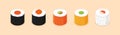 Sushi set. Isometric sushi icons on white background. Rolls with caviar of red fish, with salmon. Sushi nigiri with shrimp. Royalty Free Stock Photo