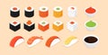 Sushi set. Isometric sushi icons on white background. Rolls with caviar of red fish, with salmon. Sushi nigiri with shrimp. Royalty Free Stock Photo