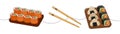 Sushi set. Japanese cuisine, traditional food one line drawing. Philadelphia sushi roll, chopsticks continuous one line Royalty Free Stock Photo