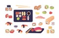 Sushi set. Japanese food with rice, salmon, tuna and nori. Asian seafood, rolls, nigiri and tempura served with plates Royalty Free Stock Photo