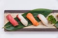 Sushi Set : Maguro Bluefin Tuna, Hamachi Yellowtail, Salmon, Tai Red Seabeam, Royalty Free Stock Photo