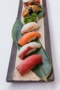 Sushi Set : Maguro Bluefin Tuna, Hamachi Yellowtail, Salmon, Tai Red Seabeam, Royalty Free Stock Photo