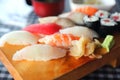 Sushi Set nigiri and sushi maki with tea served on wood and soup , Japanese food Royalty Free Stock Photo