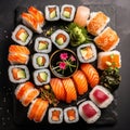 Sushi Set nigiri, rolls and sashimi served in traditional Japan black traditional plate. On dark background Royalty Free Stock Photo