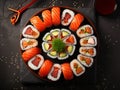 Sushi Set nigiri, rolls and sashimi served in traditional Japan black traditional plate. On dark background