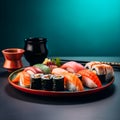 Japanese food concept. Catering, various kinds of sushi on plate or platter set. Chopsticks, ginger, soy sauce, wasabi. Placed on Royalty Free Stock Photo