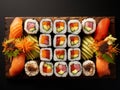 Sushi Set nigiri, rolls and sashimi served in traditional Japan black traditional plate. On dark background Royalty Free Stock Photo