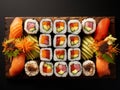 Sushi Set nigiri, rolls and sashimi served in traditional Japan black traditional plate. On dark background