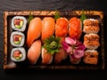 Sushi Set nigiri, rolls and sashimi served in traditional Japan black traditional plate. On dark background