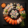 Sushi Set nigiri, rolls and sashimi served in traditional Japan black traditional plate. On dark background Royalty Free Stock Photo