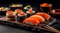 Sushi Set nigiri and sushi rolls on wooden serving board. Generative AI Royalty Free Stock Photo