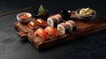 Sushi Set nigiri and sushi rolls on wooden serving board. Generative AI Royalty Free Stock Photo