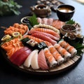 Sushi Set nigiri and sushi rolls on a wooden serving board with soy sauce and chopsticks on a black stone texture background. Top Royalty Free Stock Photo