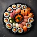 Sushi Set nigiri and sushi rolls on a wooden serving board with soy sauce and chopsticks on a black stone texture background. Top Royalty Free Stock Photo