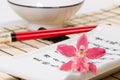 Sushi set and orchid flower on bamboo mat Royalty Free Stock Photo