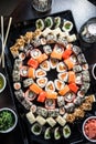 Sushi set with 84 pieces and various rolls Royalty Free Stock Photo