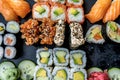 Sushi set restaurant. Black and green background. Royalty Free Stock Photo