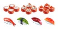 Sushi Set. Roll sets Japanese rolls with fish and caviar. Watercolor illustration of food. For background design, menu