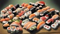 Sushi set. Rolls, ebi, sake, red fish and shrimp nigiri, with wasabi, ginger, soy sauce. Japanese cuisine. AI generated