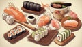 Sushi set. Rolls, ebi, sake, red fish and shrimp nigiri, with wasabi, ginger. Japanese cuisine. AI generated