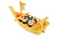 Sushi set of rolls on ship shaped plate Royalty Free Stock Photo