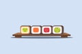 Sushi set rolls on wooden board traditional japanese kitchen concept flat horizontal