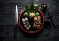 Sushi set on a round wooden plate. Royalty Free Stock Photo