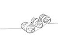 Sushi set, salmon nigiri, Aburi nigiri one line art. Continuous line drawing of sushi, japanese, food, roll, culture Royalty Free Stock Photo