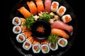 Sushi set with salmon, tuna, shrimp, caviar, wasabi and ginger on black background, Sushi set on a black plate on a Black