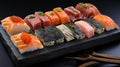 Sushi set with sashimi, smoked and salted salmon, red caviar on stone slate, close-up banner