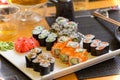 Sushi set with seafood, Japanese kitchen Royalty Free Stock Photo