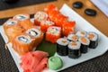 Sushi set with seafood, Japanese kitchen Royalty Free Stock Photo