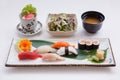 Sushi Set Served with Japanese Steamed Egg, Salad, Miso Soup. and Mixed Sushi Royalty Free Stock Photo