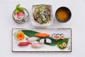 Sushi Set Served with Japanese Steamed Egg, Salad, Miso Soup. and Mixed Sushi Royalty Free Stock Photo