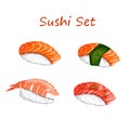 Sushi set with shrimp, salmon, tuna, caviar and nori leaves. Vector illustrations of traditional Japanese food on a Royalty Free Stock Photo