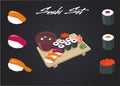 Sushi set. Soy sauce and sushi roll. Japanese food. Vector cartoon. friends forever.