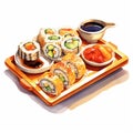 Sushi set with soy sauce and wasabi on a white background