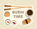 Sushi set, time,flat food and japanese seafood rolls with sakura Royalty Free Stock Photo