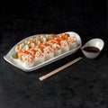 Sushi Set Tokyo. Rolls Yin Yang, Philadelphia and Baked with salmon. Royalty Free Stock Photo