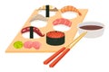 Sushi set vector.Shrimp sushi, Octopus, Salmon fish sushi, Tuna sushi, Acne, Sushi roll caviar