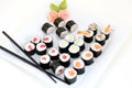 Sushi set on white plate. Traditional japanese food