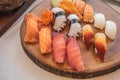Sushi set on wooden plate