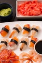 sushi set with sauce , different suchi and vasabi Royalty Free Stock Photo