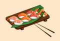 Sushi set on a wooden tray with shrimp, salmon, tuna, caviar and nori leaves. Vector illustrations of traditional Royalty Free Stock Photo