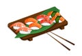 Sushi set on a wooden tray with shrimp, salmon, tuna, caviar and nori leaves. Vector illustrations of traditional Royalty Free Stock Photo