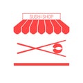 Sushi Shop, Japanese Restaurant Single Flat Vector Icon. Striped Awning and Signboard