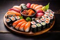 sushi is showcased on a rustic wooden table, inviting diners to savor the delectable collection of Japanese delicacies, A Japanese